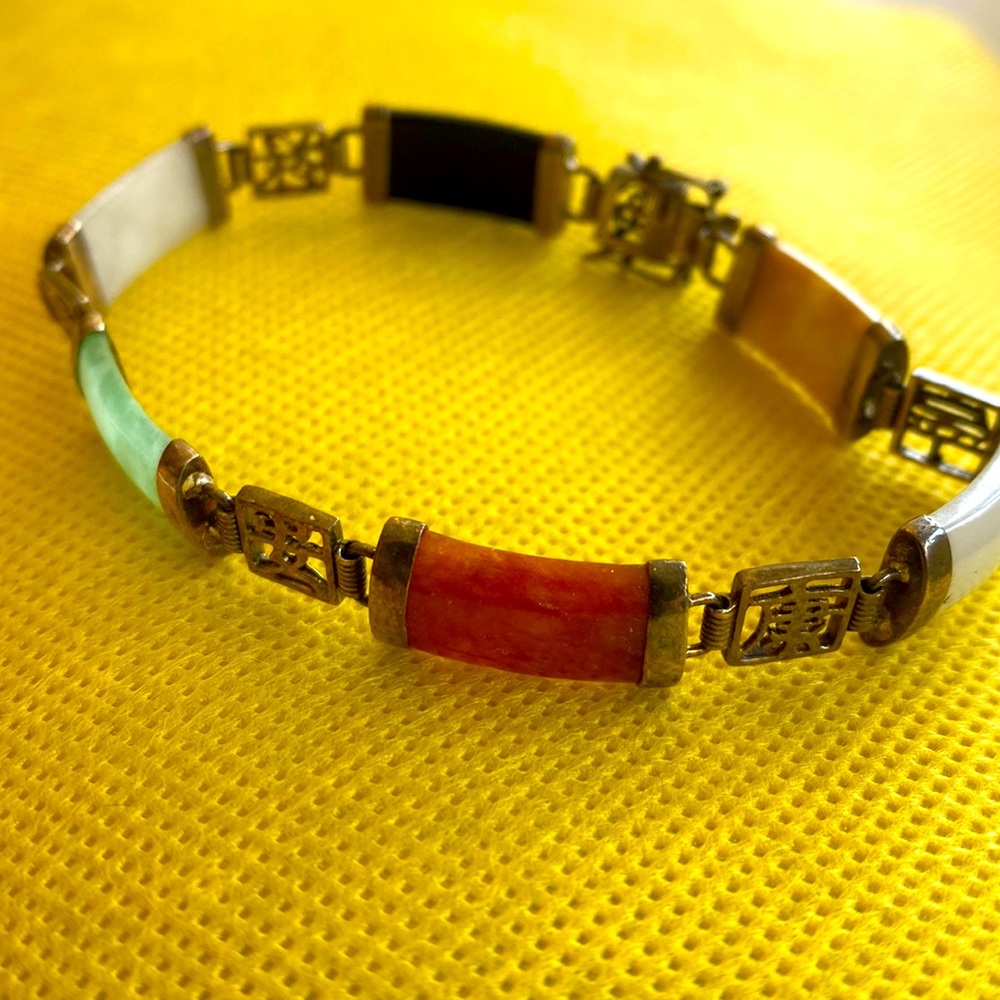 Vintage sterling silver gold plated multi color Jade bracelet AS IS